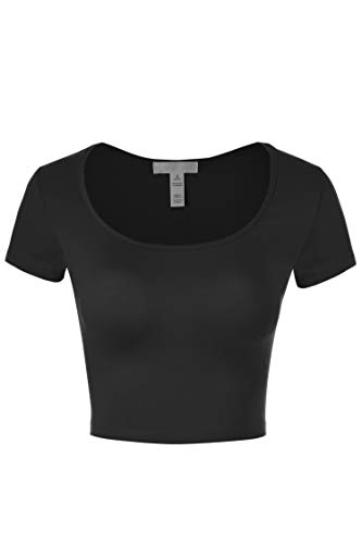 FashionMille Women Basic Scoop Neck Short Sleeve Crop Top Shirt-FWT1009-BLACK-M