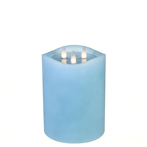Image of 3-Wick Flameless Pillar Candle with Remote Timer, 3D Moving Flame Real Wax Led Candles (Ice Blue with Art Water, 6.5in)