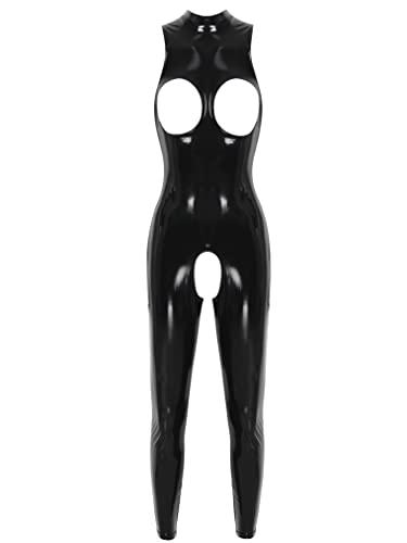 Choomomo Damen Wetlook Ouvert Body Kunstleder Bodysuit Mit Reißverschluss Ärmellos Tank Top Hot Pants Catsuit Overall Sexy Dessous Clubwear Schwarz C S Cover