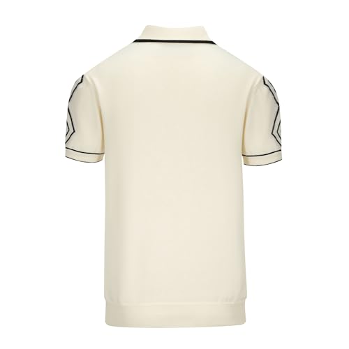 OXKNIT Mens White Apricot 60s V-Neck Polo Shirt Rhombic Pattern Knit Golf Polo2
