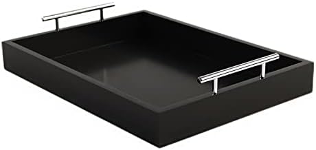 JJSQYLAN Wooden Serving Tray with Handles Rectangle Breakfast Tray for Coffee Table Decorative Ottoman Tray 16”x 12” for All Occasion's (Blck)