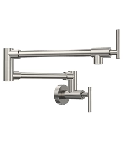 RALANDA Pot Filler Faucet, Wall Mounted Stainless Steel Folding Faucet Over Stove, 24.4'' Stretchable with Double Joint Swing Arm Single Hole Two Handles for Kitchen Restaurant Brushed Nickel