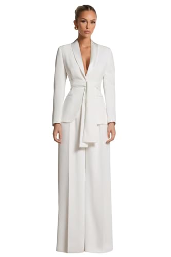 Pant Suits for Women Dressy White Womens Suit with Belt 2 Piece Womens Pant Suit Shawl Collar Party Tuxedo for Wedding Size Large