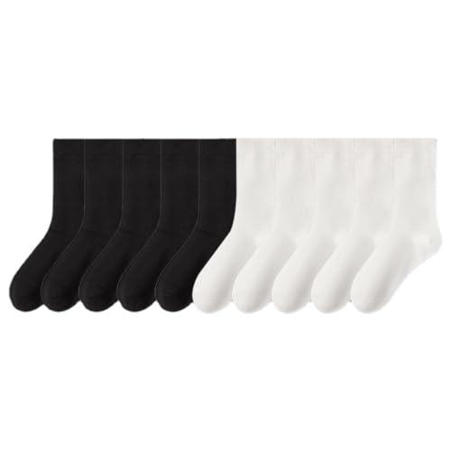 CazDopaM 10 pairs Casual Athletic Stretchy Loose Socks for Girls and Students, Neutral Comfy Basic Cotton Socks for Women (5-black-5-white)