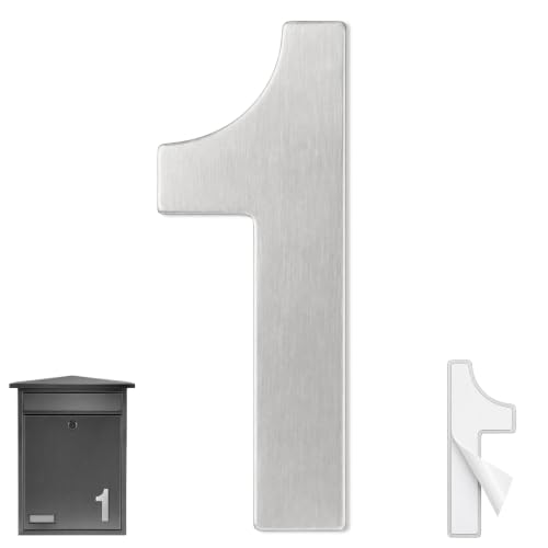 Numero 1 casa, Número Uno hogar, Número 1 para puerta, Número para pared, Número 1 buzón, Acero inoxidable 304, 75 mm alto x 47 mm ancho, Adhesivo, Plateado