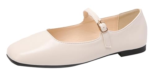 Women's Leather Flats Square Toe Dress Shoes Retro Soft Mary Jane Flats Comfortable PU Ballet Dance Shoes with Buckles