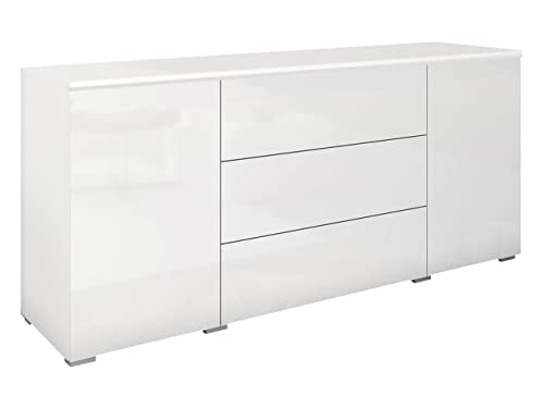 Cómoda Doppo 150 con 3 cajones y 2 puertas, sistema de apertura sin mango, aparador, aparador, elevador, armario multiusos, sala de estar (blanco/blanco brillante, sin iluminación)