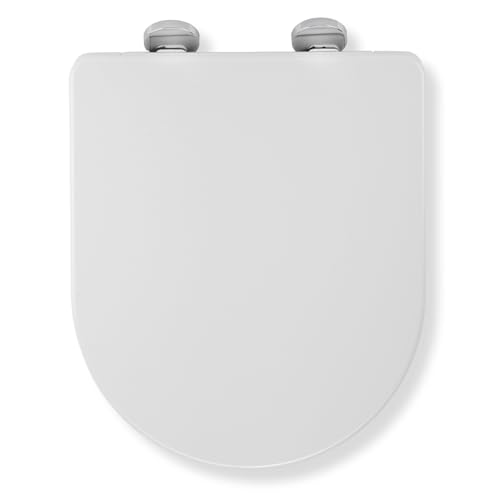 Croydex Eyre Soft Close Toilet Seat D Shape - Quick Release Button for Easy Cleaning and Adjustable Hinges with Top and Bottom Fixings Included, Antibacterial Treated Surface (White D-Shape)