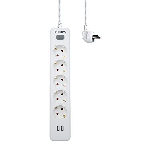 Regleta de 5 enchufes Philips con 2 USB y cable de 1,5 metros en color blanco 3