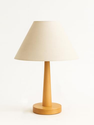 Image of Modern Wooden Table Lamp with Fabric Shade | Warm Ambient Lighting for Bedroom, Living Room & Home Decor | Bedside Nightstand Lamp with Soft Glow | Minimalist Design (Beige)