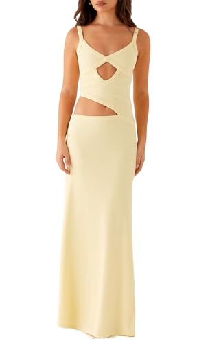 Image of NUFIWI Women Bodycon Spaghetti Strap Cutout Maxi Dress Hollow Sexy Fitted Dresses Sleeveless Stretch Slip Long Dress