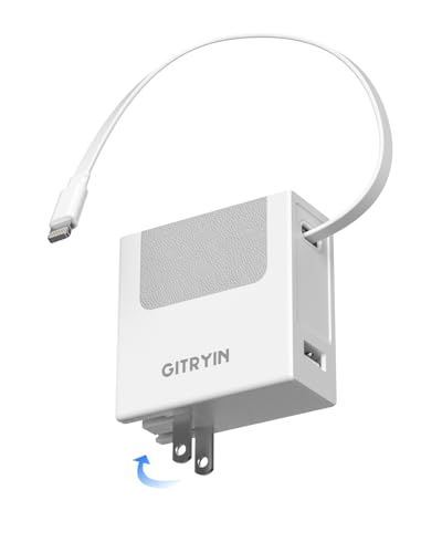 Gitryin Portable Charger Block Retractable Wall Charger 40W PD Fast Charging Block with 33.5in Lightning Cable Power Adapter with Foldable Plug for iPhone14/13/12 White