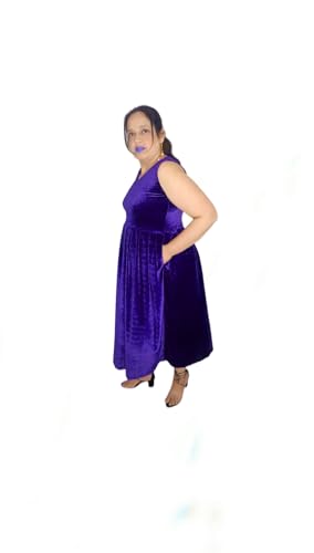 Image of Women's Velvet Sleeveless Party Dress with 2 Side Pockets | A-Line Shiny Velvet V-Neck Stylish Outfit