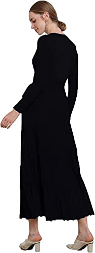 Image of Women's Long Sleeve Sweater Dress Ankle Length Fall Dress Vneck Knit Winter Dress