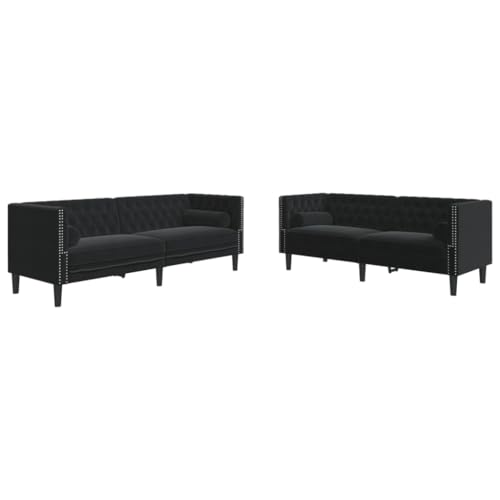 Mimdixy Sofa Wohnzimmer Relaxsofa,2-TLG. Chesterfield-Sofa-Set mit Nackenrollen Schwarz Samt – Bild 5