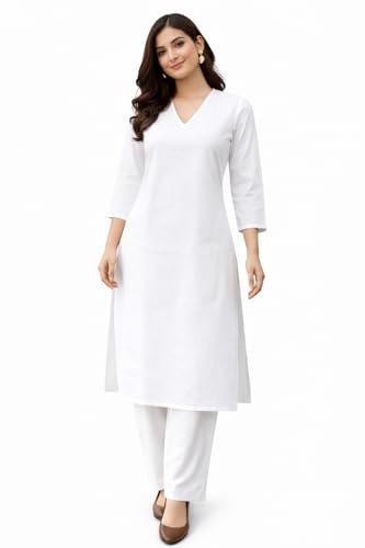 Image of JAIPUR HAND BLOCK Women's Cotton plain Straight Salwar Suit | V-Neck | 3 /4th Sleeve | Regular Fit | Daily, Office & Ethnic Wear(ST00125-V-NEW)