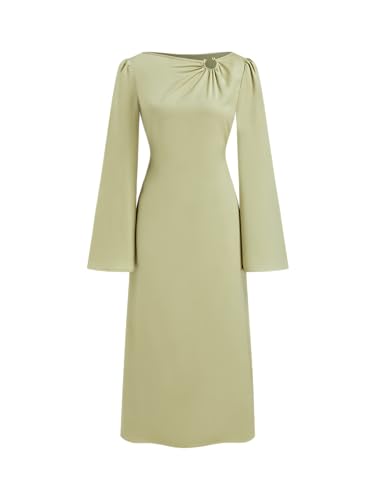 CIDER Formal Asymmetrical Neck Long Sleeve Maxi Dress Knot Satin Middle Waist Party Elegant Dress