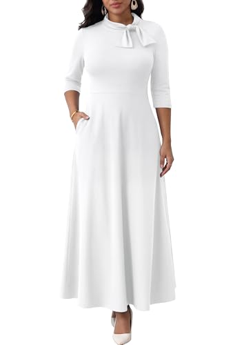 Image of FANDEE Maxi Dress for Women Long Elegant 3 /4 Sleeve Bow Tie Neck A Line Casual Party Church Dresses with Pockets