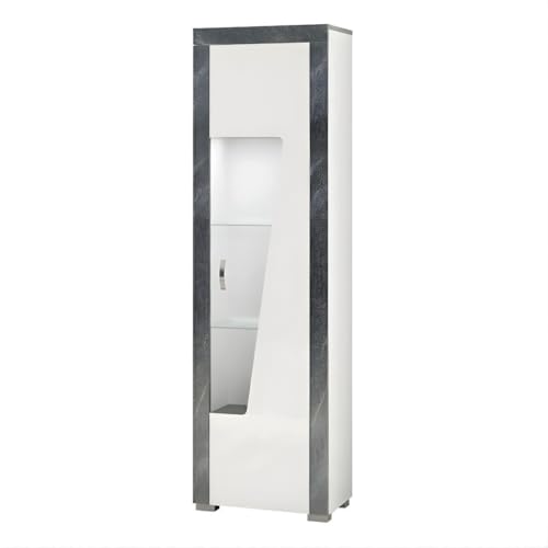 AltoBuy Vitrine Droite 1 Porte avec LEDs laqué Blanc et Imitation Granit Gris - Newell