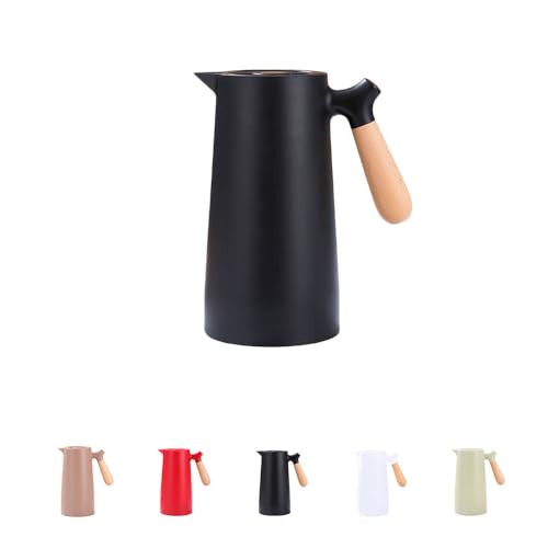 LIVIA 保温ジャグ 卓上魔法瓶 1リットル テーブル用カラフェ 紅茶 コーヒー ティー 麦茶 お茶用 大容量 断熱構造 ウッドハンドル 広口 洗いやすい 家庭用 (ブラック)