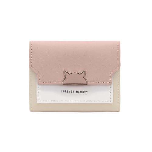 PU Leather Trifold Wallets for Women, Women’s Short Wallet Color Blocking, Ladies Wallet with Multi Slot and ID Window for Cards, Photos (Pink)