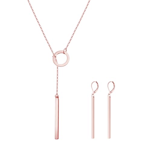 ZENGSING Anhänger Halskette Damen Baumeln Ohrringe Schmuck Set Kette Y Halskette vertikale Bar Anhänger Lariat Halskettes Damen Anhängers Hoop Ohrringe für Frauen Mädchen Geschenke (Roségold)