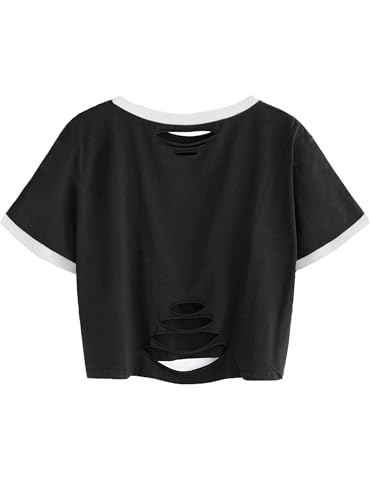 Image of Avanova Women Raglan Shirt Ripped Distressed Crop Tops Short Sleeve Cropped T Shirts Summer Tee Black White Small