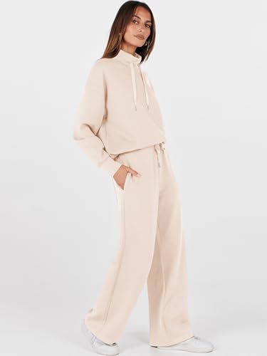 ANRABESS Womens 2 Piece Outfits Sweatsuit Set 2025 Fall Drawstring Sweatshirt Wide Leg Sweatpant Lounge Set Tracksuit