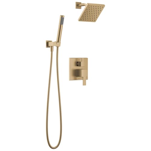 Delta Modern Square Shower System Faucet Set Brushed Gold 6.5-inch Shower Head and Handle Set Valve Trim Kit Champagne Bronze T342703-CZ (Valve Not Included)