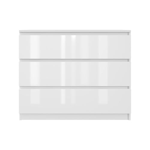 SoDREAMER Kommode mit 3 Schubladen 90 cm | Weiß - glänzende Vorderseite Ideal für Schlafzimmer, Wohnzimmer, Kinderzimmer und Büro | Geräumige Kommode| Modernes Design | 90x75x40 cm