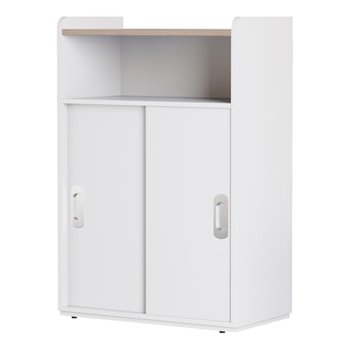 PROXRACER Adjustable Storage Cabinet with Sliding Doors, Multi-Functional Organizer with 2-Tier Shelves, Height-Adjustable Design, Compact Cabinet for Small Spaces (White)