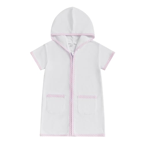 Image of Girls Boys Hooded Terry Coverups One Piece Swimsuits Summer Striped Trim Zip Up Short Sleeve Swim Cover Up Beachwear