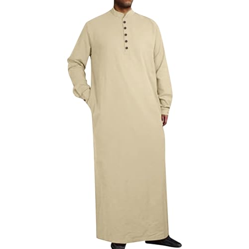 Hombres Caftán Manga Larga Caftán Hombres Largo Abaya Thobe, Hombres Musulmanes Árabes Túnica Islámica Ropa de Oración Vestidos Étnicos Maxivestido Ramadán Batas Taiji Ropa, caqui, XXL