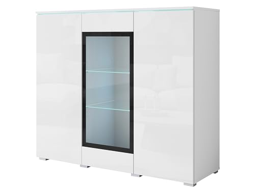 Buffet Salon 120 cm Vitrine Verre Push-to-Open Étagères Réglables Éclairage LED Meuble Rangement Moderne Élégant Blanc Brillant