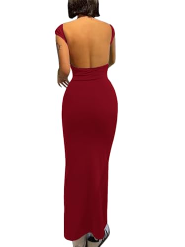 Image of AYWA Womens Sexy Backless Maxi Dress Casual Bodycon Boat Neck Short Sleeve Party Club Long Dresses