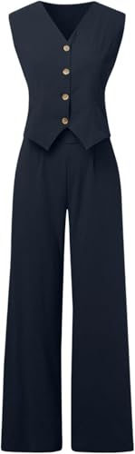 Linen Sets for Women 2 Piece Outfits Linen Pant Sets Casual Button Waistcoat V Neck Crop Vest Blazer3