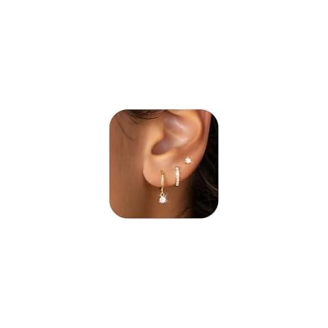 Gokeey Dainty Small Gold Huggie Hoop Earrings Set, 14K Gold Plated Hoop Earrings Set for Multiple Piercings, Gold Stud Earrings Stack Dangle Earrings for Women (dainty cz earrings set) Cover