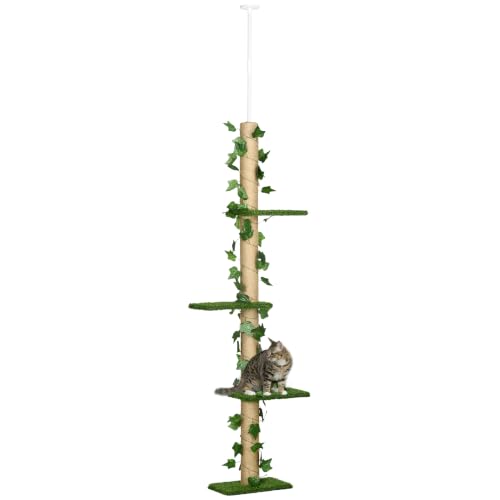 Image of PawHut 202-242cm Floor to Ceiling Cat Tree with Leaves, 4-Level Green