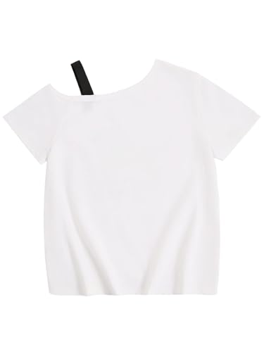 SHENHE Girl's Summer Graphic Tee Cut Out Shoulder Short Sleeve Asymmetrical Tshirt Top2