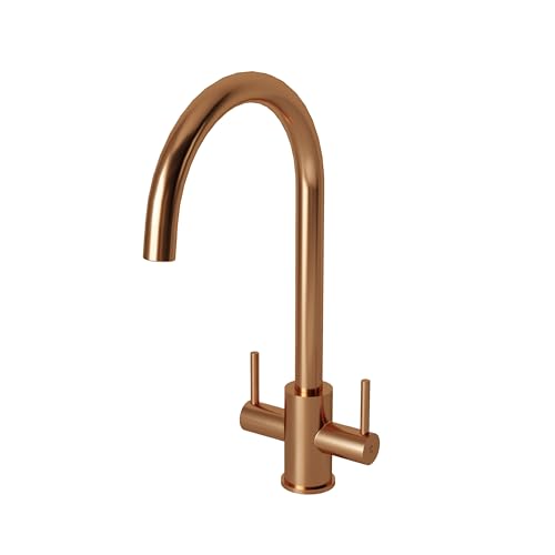 Image of Flode Adria Twin Lever Kitchen Mixer Tap - Brushed Copper - Brass - Swivel Spout - 1/4 Turn Ceramic Disc - Deck-Mounted - 377mm Height