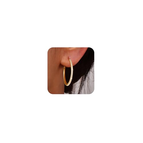 CHESKY Large Rhinestone Post Open Hoop Earrings - 14k Gold Thin Cubic Zirconia Round Hoops 15/20/25/40/50mm Hypoallergenic Sparkly Earrings for Women Trendy Jewelry Gifts