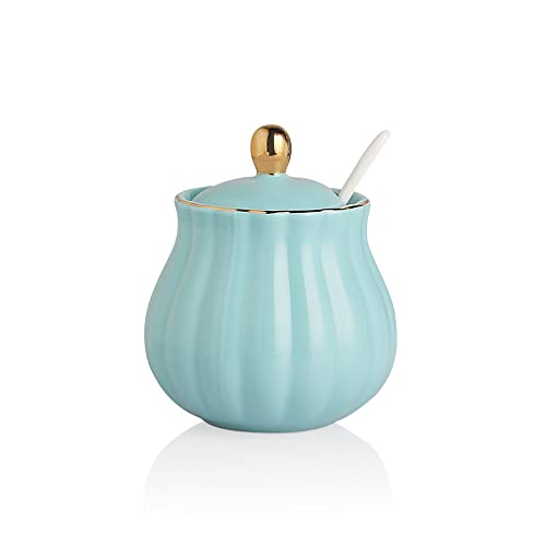 Sweejar Royal Ceramic Sugar Bowl, 12 Ounce Sugar Container With Spoon And Lid, Porcelain Salt Bowl Salt Container, Sugar Holder For Coffee Bar, Home And Kitchen(Turquoise) #TOP26