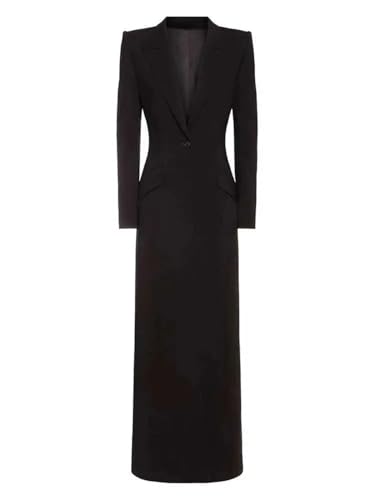 Women Black Single Buttons X-Long Elegant Blazer Lapel Long Sleeve Jacket4