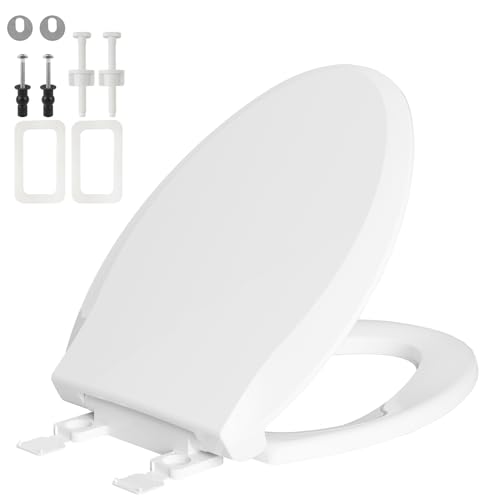 Image of Toilet Seat Elongated with Slow Close Hinges, Universal Oval Fit, White | Compatible with TOTO /Kohler /Gerber /American Standard, Four Bumpers Never Loosen, Two Sets Toilet Bolts and Nuts,