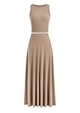 PRETTYGARDEN Women's 2 Piece Maxi Skirt Sets Casual Summer Knit Cropped Tank Top High Waisted Long Skirts Outfit (Khaki,Medium)