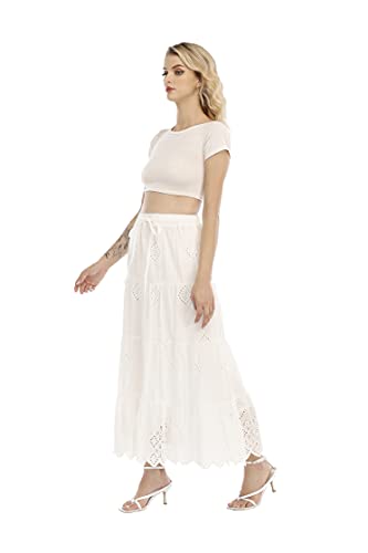 Love Welove Fashion Women's Solid Cotton Embroidered Tiered Flare A-Line Ankle Length With Lining Maxi Skirt (Xl, White) #TOP6