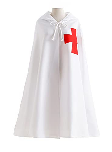 Feynman Disfarce de cavalheiro medieval para homem, fantasia de cavalheiro templário, cruzado, capa LARP, templo, saia de arma, hospitall, casaco, carnaval, cosplay, cor branca, L