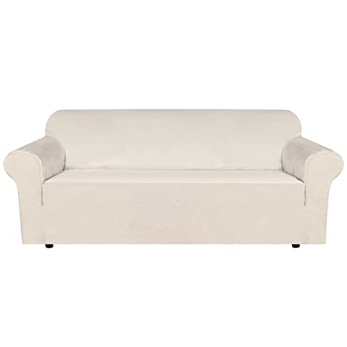 Smarcute Thick Velvet Stretch Sofa Cover Couch Cover for Living Room Sofa Slipcover Furniture Cover with Non Slip Elastic Bottom, Soft Spandex Fabric Washable (3 Seater, N.Ivory)