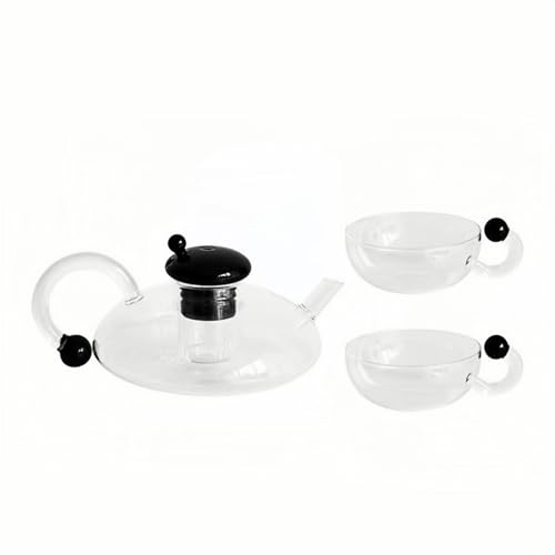 KQQK 耐熱ガラスティーポット 500ml 直火・電気コンロ対応 一体型茶漉し付き ラットテールハンドル 透明急須 紅茶ポット ガラスポット 電子レンジ可 (透明ネズミポット + ネズミのしっぽカップ 2 個)