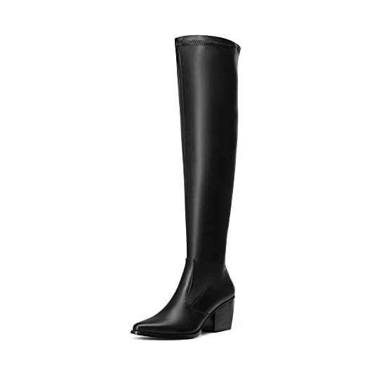 DREAM PAIRS Women's Sdob225w Over The Knee Thigh High Cowboy Boots Long Stretch Blocked Heel Pointed Toe Fall Boots, Black Pu, Size 9